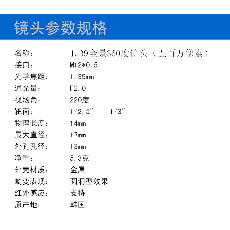 1.39mm焦距 M12接口全景鏡頭高清500W像素水平220度大廣角360度無(wú)死角