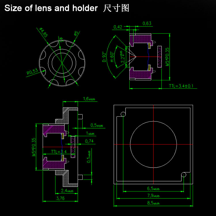 M5x0.35接口0.83mm焦距鏡頭掃碼鏡頭 手機鏡頭 掃描鏡頭 識別鏡頭 靶槍鏡頭 高清2MP廣角支付鏡頭 1/13.3”配8.5x8.5座